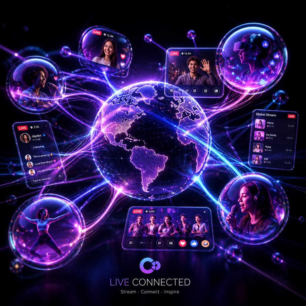 Glowing globe connected to floating live video chat cards, illustrating a global live social platform